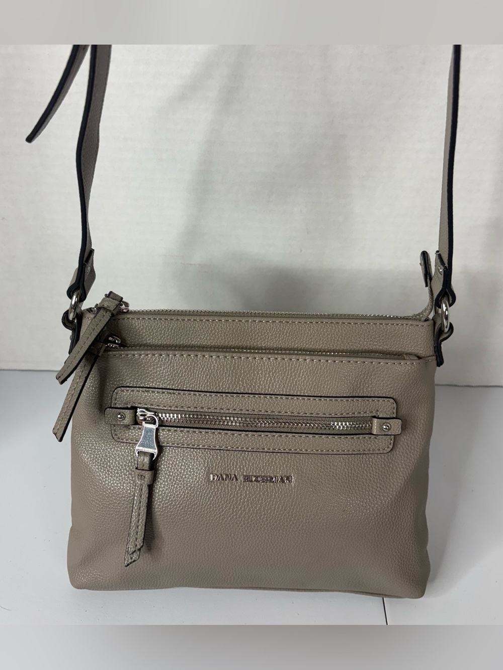 NWOT Dana Buchman Taupe Leather Crossbody with Front Zip Pocket